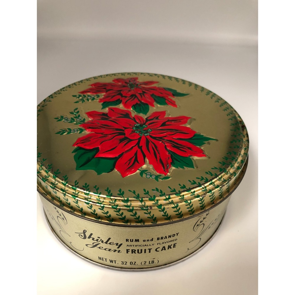 Vintage Shirley Jean Rum Brandy Fruit Cake Tin Gold Red Poinsettia Holiday 32oz